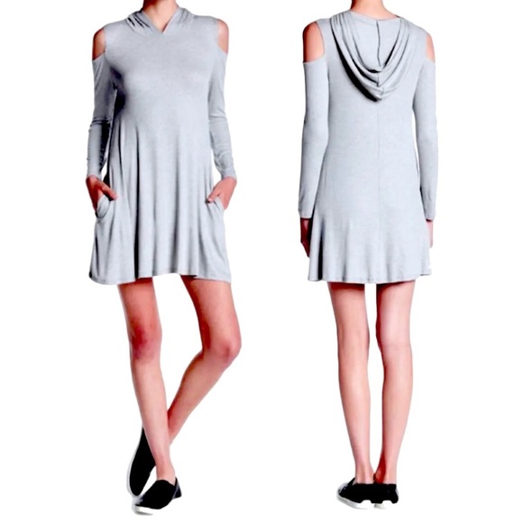 Elan Cold Shoulder Hoodie Dress Medium 6 8 Grey 2 Pockets Long Sleeve Shift NWT - Picture 1 of 10